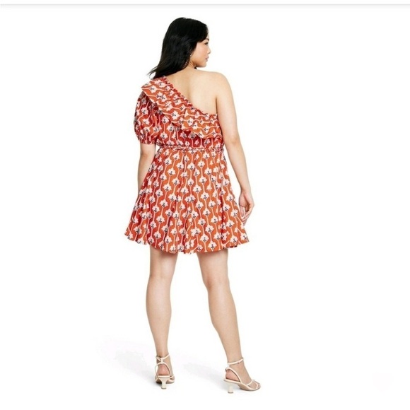 Rhode X Target One Shoulder Lotus Dress Red Ruffle Belted - Picture 2 of 8